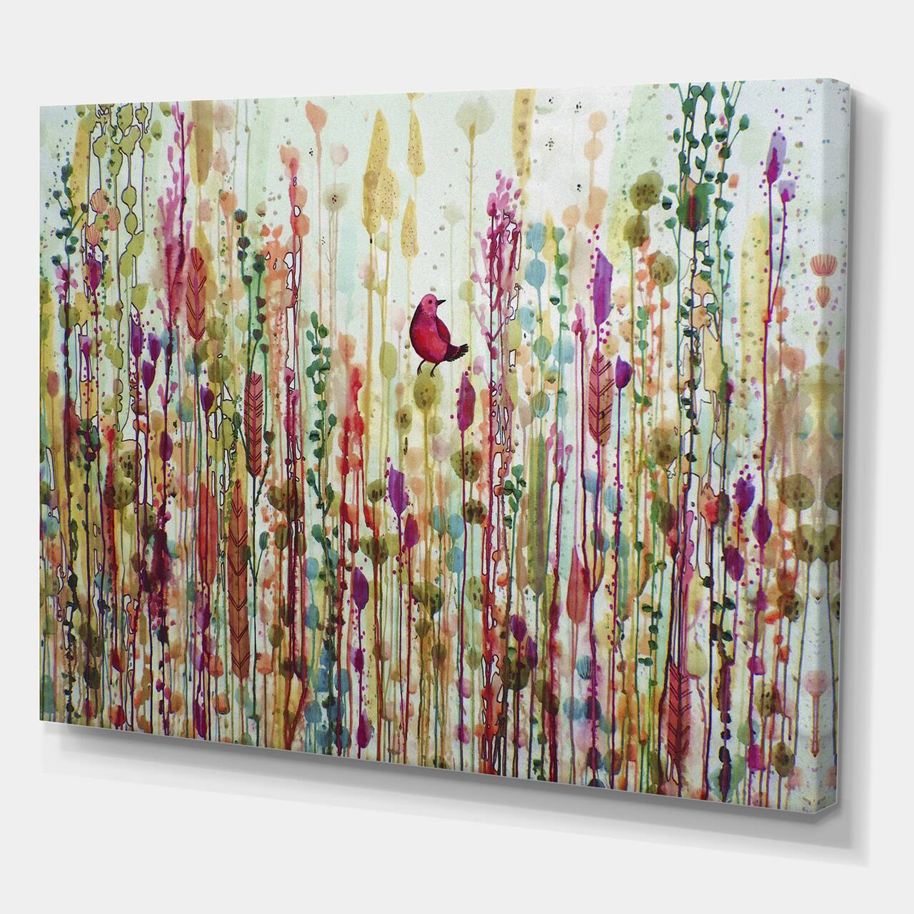 Designart - Red Bird In Color Meadow - Cottage Canvas Artwork